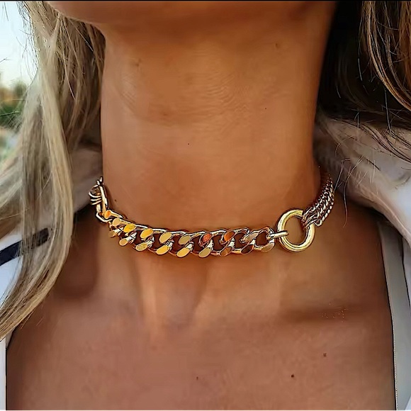 Gold Chain Link O Ring Choker Necklace Statement Cuban Chain Link Gold Plated. - Picture 3 of 9
